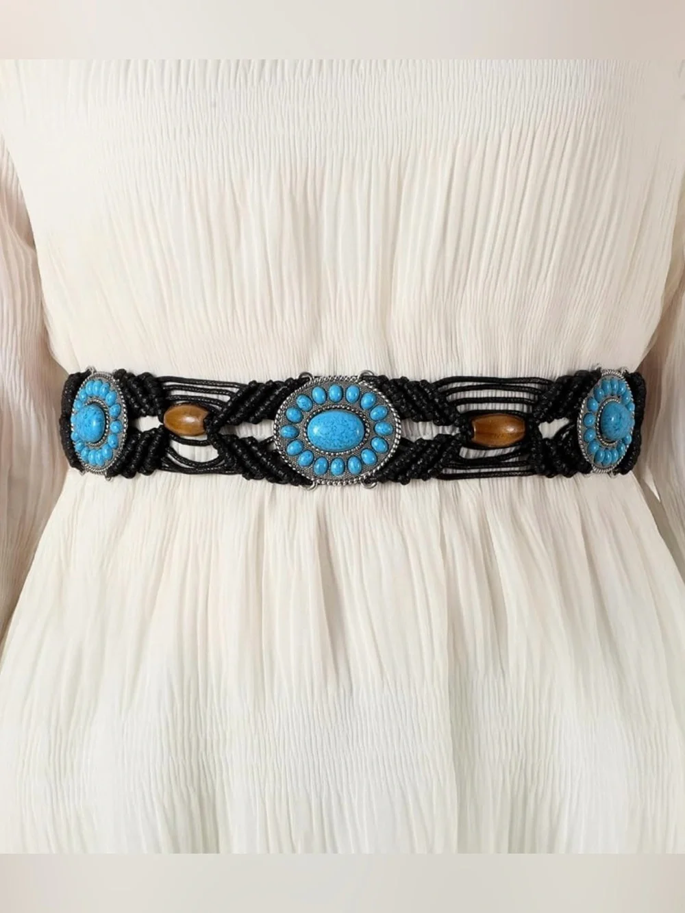 Boho Turquoise Belt for Women Wax Rope Braided Waist Belt Western Hand